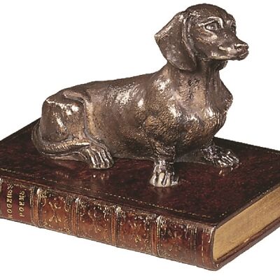 Dachshund on Book Paperweight Bronzed SAGE GREEN