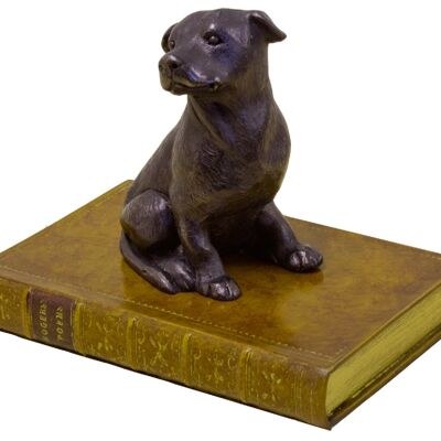 Staffie on Book Paperweight Bronzed TAN LEATHER