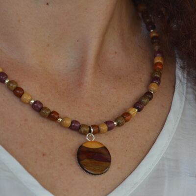 Necklace - wood pendant and marquetry cabochon