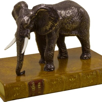 Elefante su Fermacarte a Libro Pelle Marrone Chiaro Bronzata
