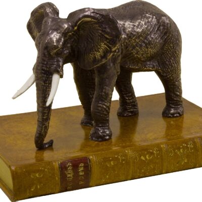 Elefante su Fermacarte a Libro Pelle Marrone Chiaro Bronzata