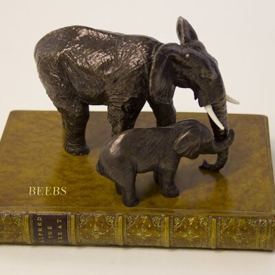 Elephant & Baby on Book Paperweight Bronzed TAN LEATHER