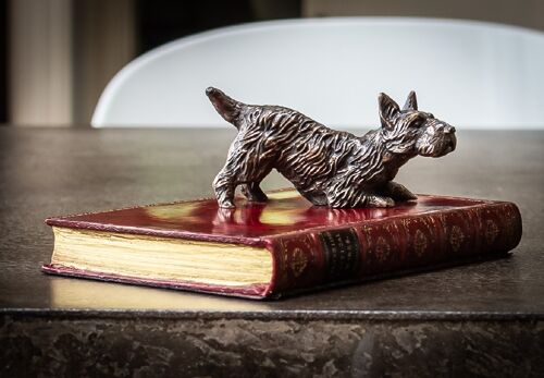 Scottie bending on Book Paperweight Bronzed RED