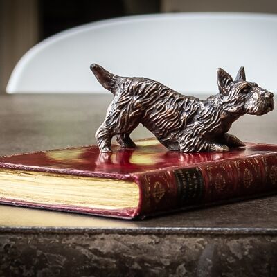 Scottie bending on Book Paperweight Bronzed TAN LEATHER