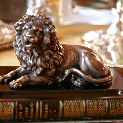 Book Pen Holder with Bronzed Lion TAN LEATHER