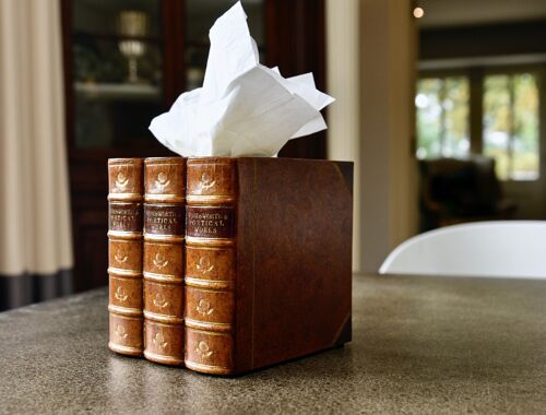 Book Tissue Box Cover Square TAN LEATHER