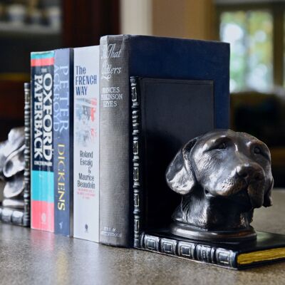 Labrador Head Bronzed Bookends Pair TAN LEATHER