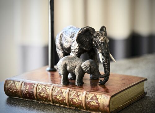 Elephant & Baby on Book Lamp without shade TAN LEATHER