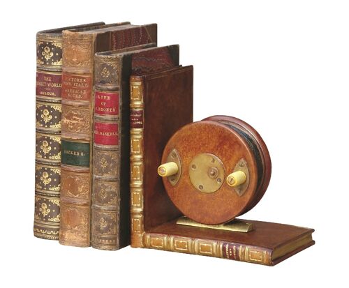 Fishing Reel Pair Bookends Bronzed TAN LEATHER