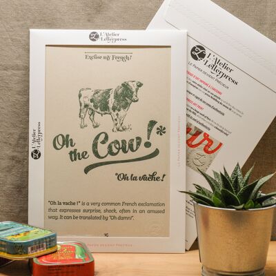 Letterpress poster Oh la Vache, A4, recycled paper, humor, expression, green