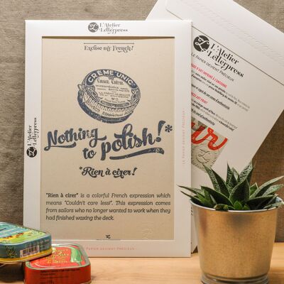 Letterpress Nothing to Wax poster, A4, recycled paper, humor, expression, blue