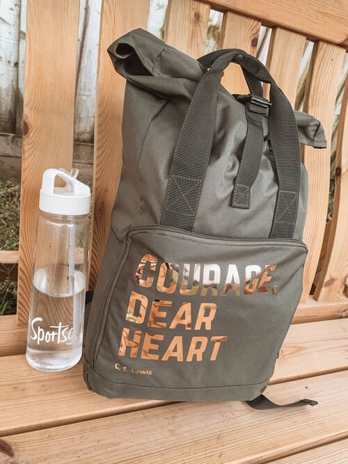 Olive green backpack roll top bag- Courage Dear Heart quote by CS Lewis