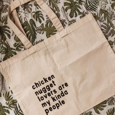 Chicken-Nugget-Liebhaber-Baumwoll-Einkaufstasche, groß mit schwarzem Schriftzug