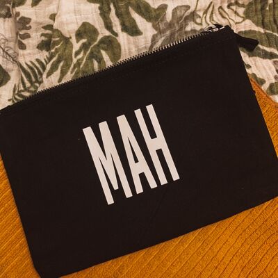 Personalised cotton canvas zip pouch bag black or neutral choice of font