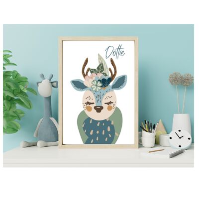 Deer in Flower Crown personaggio del bosco Nursery kids stampa A5, A4, A3 Wall Art - A5