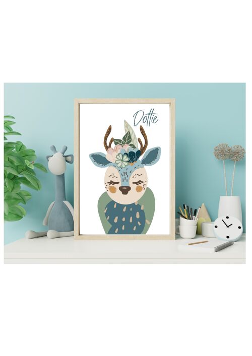 Deer in Flower Crown woodland character Nursery kids print A5, A4, A3 Wall Art - A4