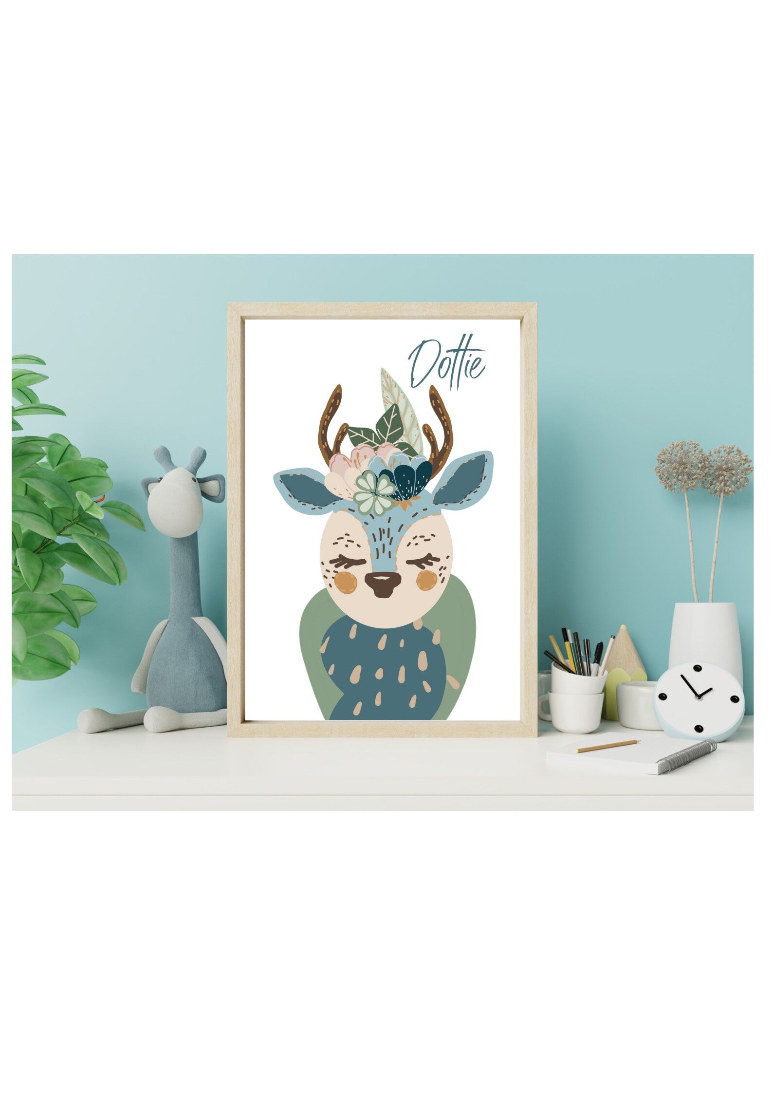 Deer in Flower Crown personaggio del bosco Nursery kids stampa A5, A4, A3 Wall Art - A3