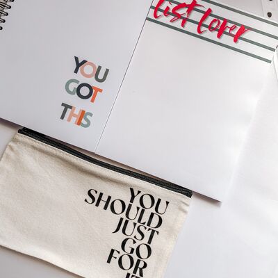 Stationery Set- Get Shit Done A5 You Got This Notebook, List Lover Notepad & You should go for it pencil pouch