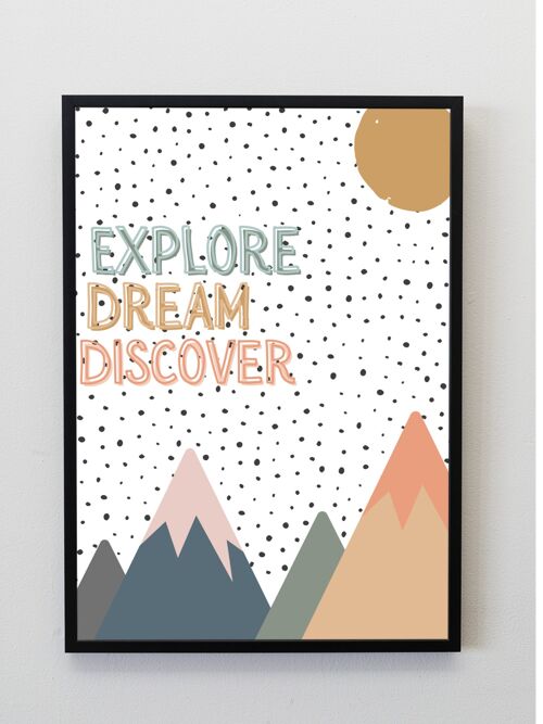 Explore, Dream, Discover Colourful Print /wall art | Adventure | Dreamers | Kids room inspo | typography - A5