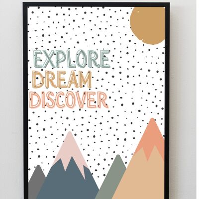 Entdecken Sie, träumen Sie, entdecken Sie bunte Druck-/Wandkunst | Abenteuer | Träumer | Kinderzimmer-Inspo | Typografie - A5