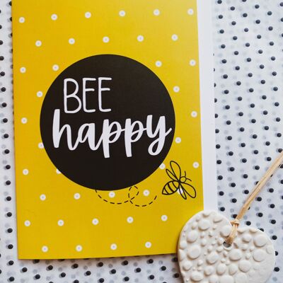 Bee Happy A6 card blank inside, birthday, miss you, love you card