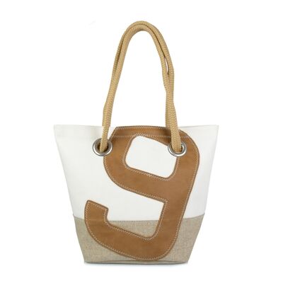 Legend handbag in 100% recycled veil - Linen and camel leather