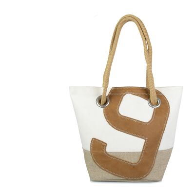 Legend handbag in 100% recycled veil - Linen and camel leather
