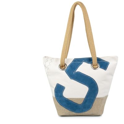 Legend handbag in 100% recycled veil - Linen and blue leather