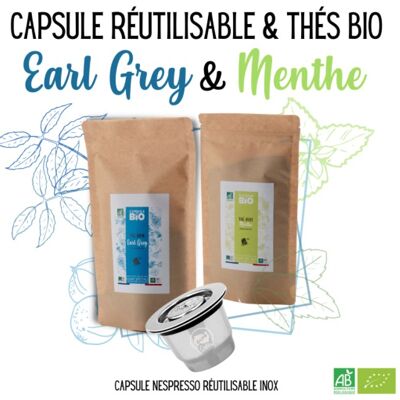 Organic tea set / Reusable stainless steel capsule - Nespresso compatible stainless steel capsule - 100g bag