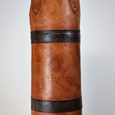 Handgefertigter Retro-Vintage Boxsack LEON aus Echtleder - 2 Streifen Braun