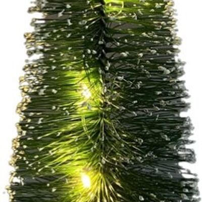 Tafel kerstboom met LED verlichting | ø 8 x 25 cm | Decoratieve mini kerstboom met LED verlichting rondom en houten voet | Groen
