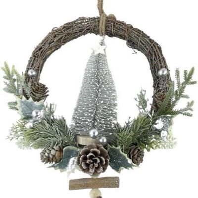 Rotan kerstkrans - Weiße Beere | Ø 39cm | Decoratieve kerstkans gemaakt uit rotan en dennenappels met kerstboom | Witz