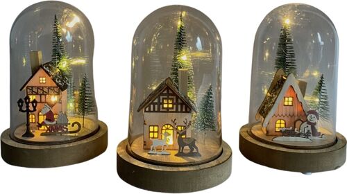 Kerst stolp - village | ø 12 x 17 cm | Set van 3 kerst stolpen met houten bodem | Bruin
