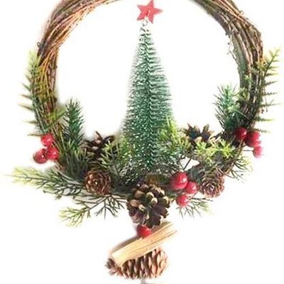 Rotan kerstkrans - kerstboom | Ø 55 cm | Originelen kerstkrans gemaakt van rotan en dennen | Braun/grün