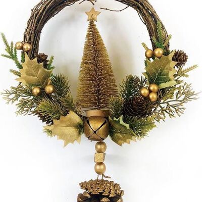 Rotan kerstkrans - Baie d'or | ø 39 cm | Décoratif kerstkans gemaakt uit rotan et dennenappels met kerstboom | Goud