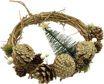 Rotan kerstkrans - Baie blanche | ø 28 cm | Décoratif kerstkans gemaakt uit rotan et dennenappels met kerstboom | vert 2