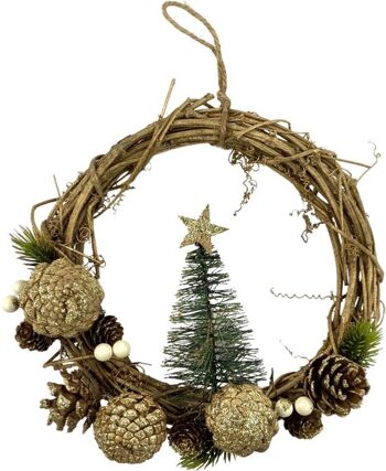 Rotan kerstkrans - Baie blanche | ø 28 cm | Décoratif kerstkans gemaakt uit rotan et dennenappels met kerstboom | vert 4