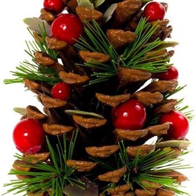 Kerststuk op houten schijf - Berry | ø 10 x 13 cm | Decorativo in hoogte verwerkt kersstuk su houten staander con dennenappels en bessen | Groen