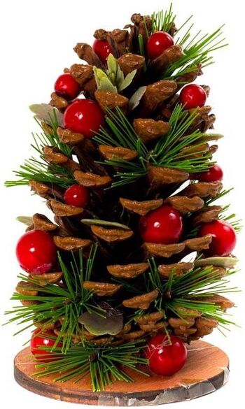 Kerststuk op houten schijf - Berry | ø 10 x 13 cm | Decoratief in de hoogte verwerkt kerststuk op houten staander met dennenappels en bessen | vert
