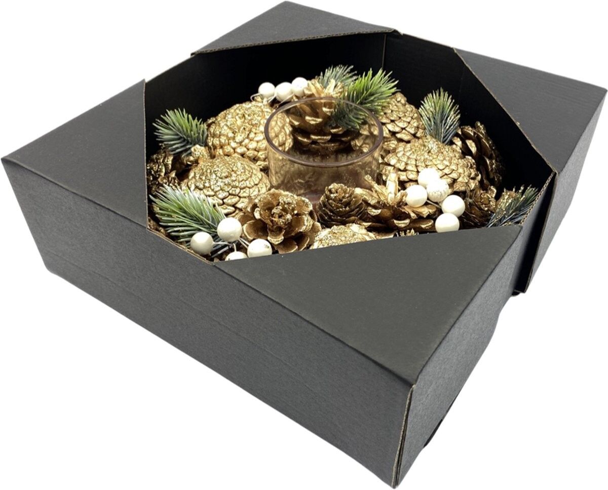 Kerststuk kaarsenhouder - Pigna bacca bianca | ø 25 cm | Decoratieve en goed kerstdecoratie met waxinehouder | Vervaardigd uit natuurlijke materiale in bianco dettagli | Groen