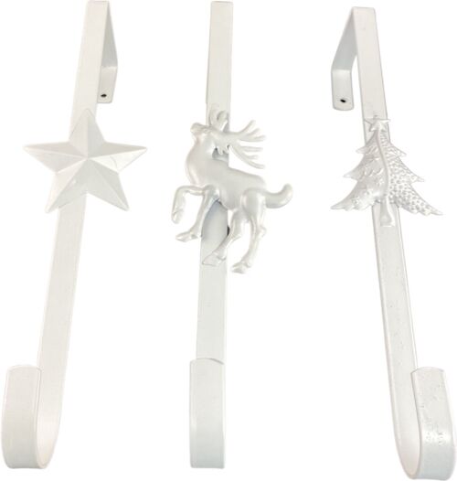 Metalen kerst hanger - kerstkrans haak - set van 3 | 10 x 6 x 29 cm | Speciale deurhanger voor over de deur | Haak om jouw kerstcadeaus in zak of kerst decoratie aan op te hangen | Wit