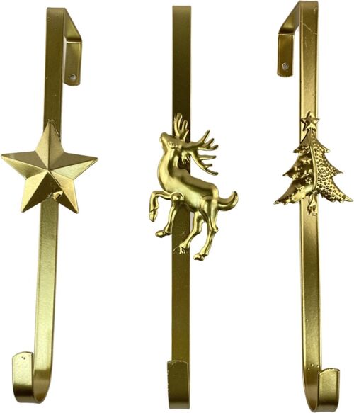 Metalen kerst hanger - kerstkrans haak - set van 3 | 10 x 6 x 29 cm | Speciale deurhanger voor over de deur | Haak om jouw kerstcadeaus in zak of kerst decoratie aan op te hangen | Goud
