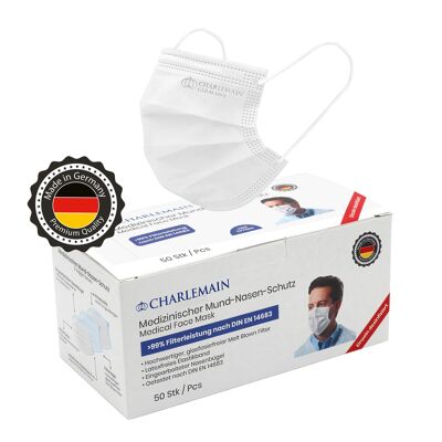 Charlemain 50x OP-Masken, MADE IN GERMANY, EN 14683 Typ IIR, CE-zertifiziert, medizinischer Mund-Nasen-Schutz, BFE > 99%, 3-lagig, spritzbeständig, geruchsneutral, latexfrei, einzeln desinfiziert, weiß