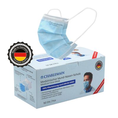 Charlemain 50x OP-Masken, MADE IN GERMANY, EN 14683 Typ IIR, CE-zertifiziert, medizinischer Mund-Nasen-Schutz, BFE > 99%, 3-lagig, spritzbeständig, geruchsneutral, latexfrei, einzeln desinfiziert, blau