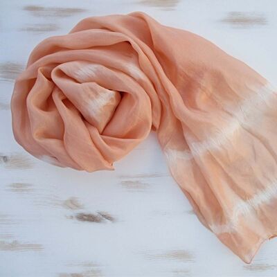 Hand-dyed "peach shibori" silk scarf.