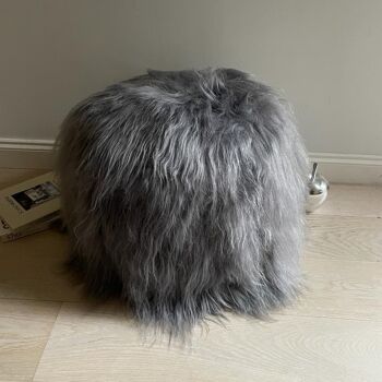 Le Boule Pouf en Peau de Mouton Islandais Fourrure Longue - Gris Froid 1