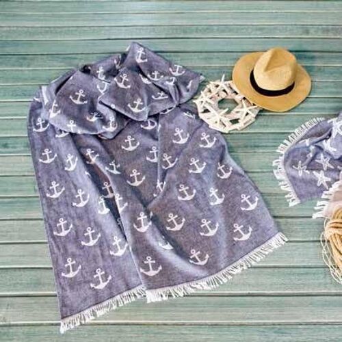 Anchor Hammam Towel / Throw 100% Cotton Jacquard | Navy Blue