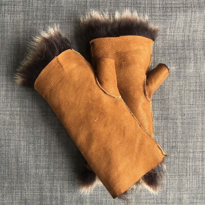 Tuscan Shearling Fingerless Reversible Sheepskin Gloves - Dark Tan