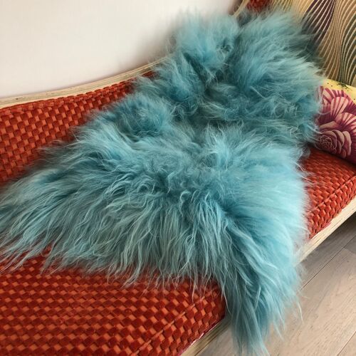 XL Icelandic Aquamarine Blue-Green Sheepskin Rug 100% Eco Sheep Skin Throw L 110cm