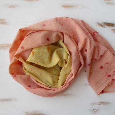 Hand-dyed "peach & yellow" organic cotton scarf.